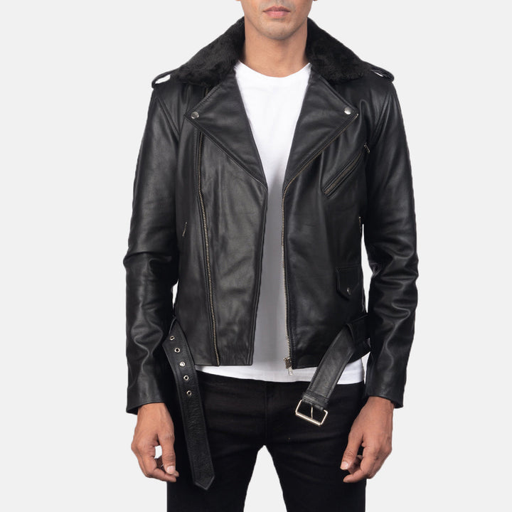 Mens-black-leather-biker-jacket-with-fur-collar-front-view