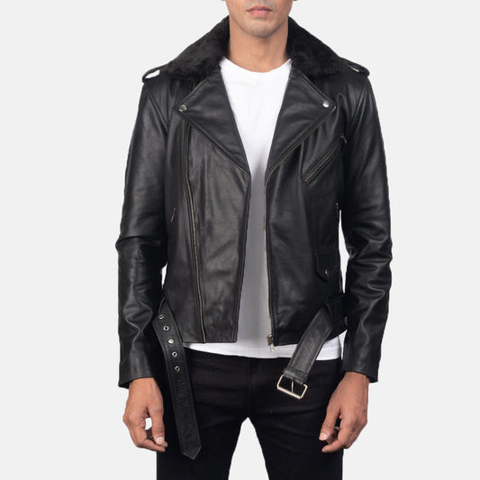 Mens-black-leather-biker-jacket-with-fur-collar-front-view