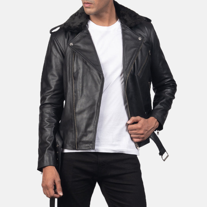 Mens-black-leather-biker-jacket-with-fur-collar-front-view-zip
