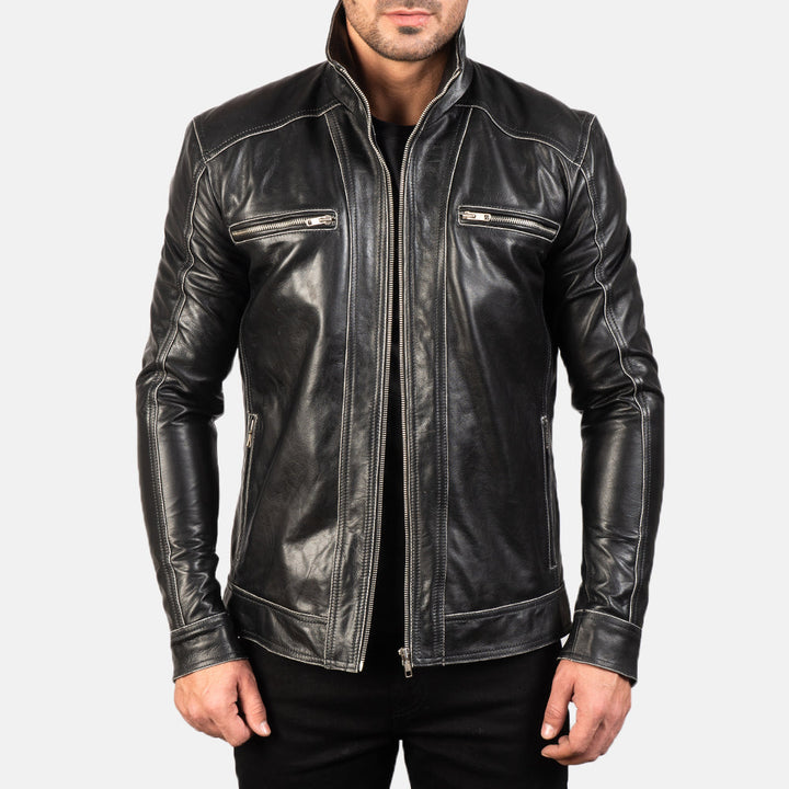 mens-black-lambskin-cafe-racer-leather-jacket-front-zip
