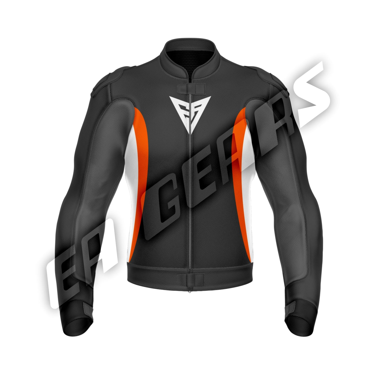 Black leather motorcycle racing jacket with orange panels and CE protection