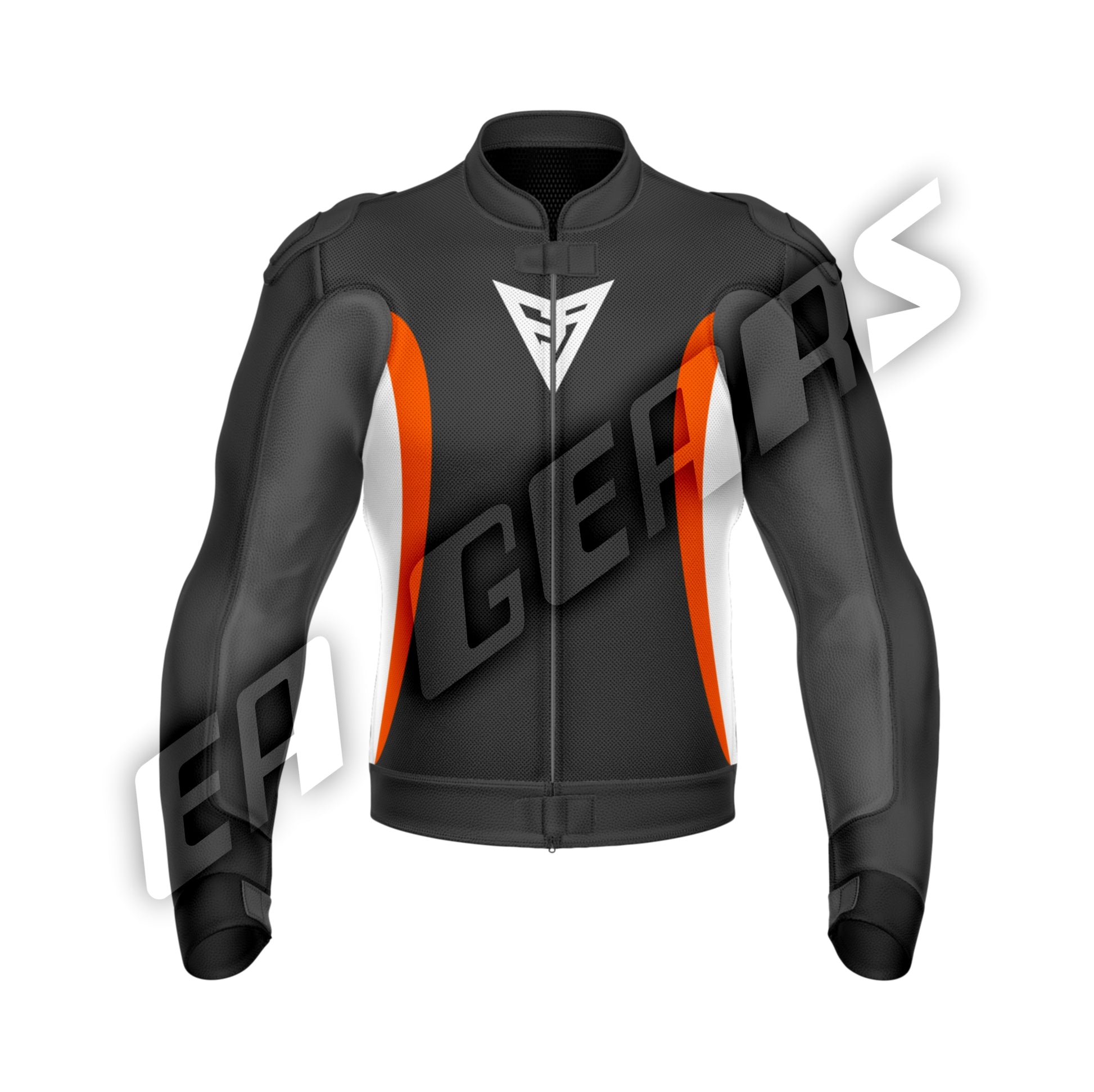 Black leather motorcycle racing jacket with orange panels and CE protection