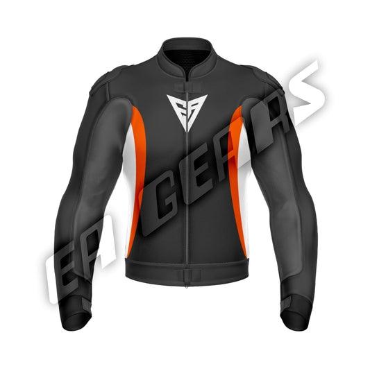 Black leather motorcycle racing jacket with orange panels and CE protection
