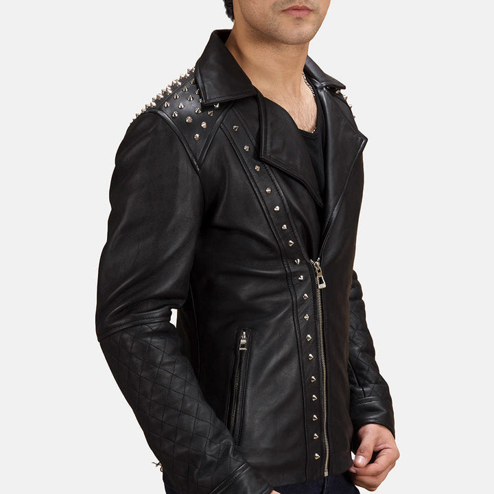 diamond-quilted-sleeve-detail-on-black-studded-moto-jacket