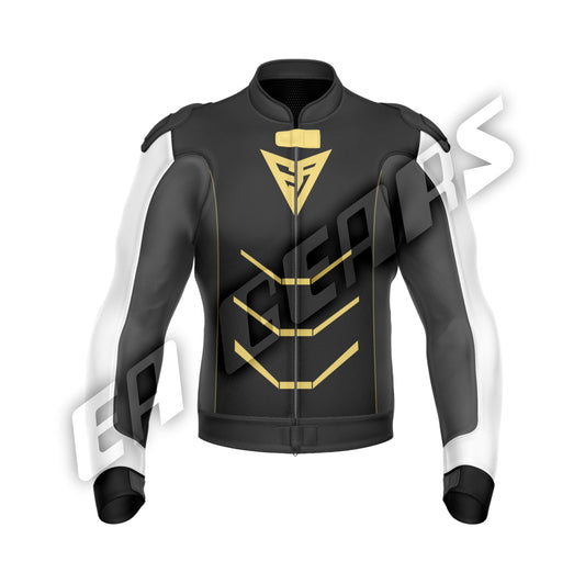 Black and white men’s motorcycle riding jacket with racing design