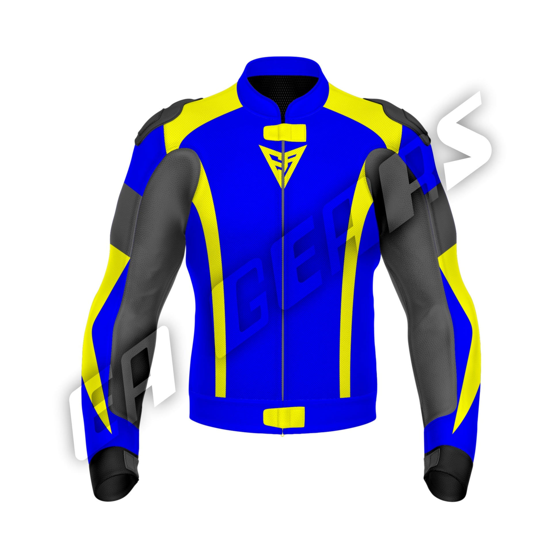 Blue and yellow men’s motorcycle leather jacket with racing design and protective armor