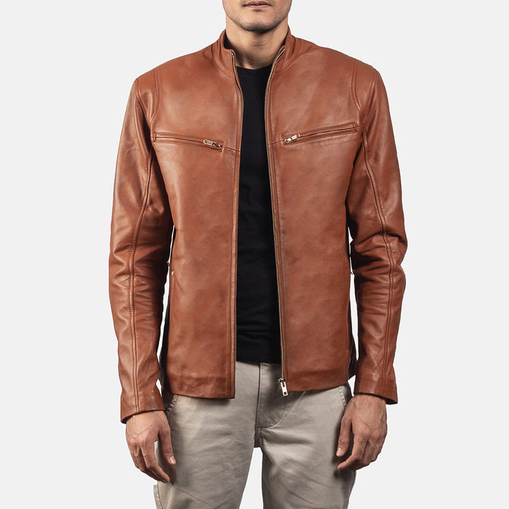 mens-cognac-tan-leather-cafe-racer-jacket-front-view-zip