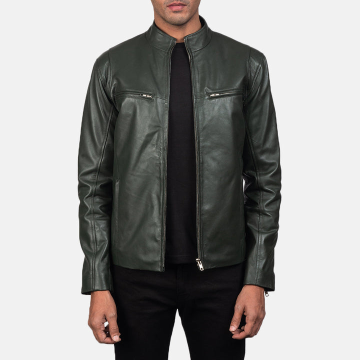mens-forest-green-leather-racer-jacket-front-view-zip