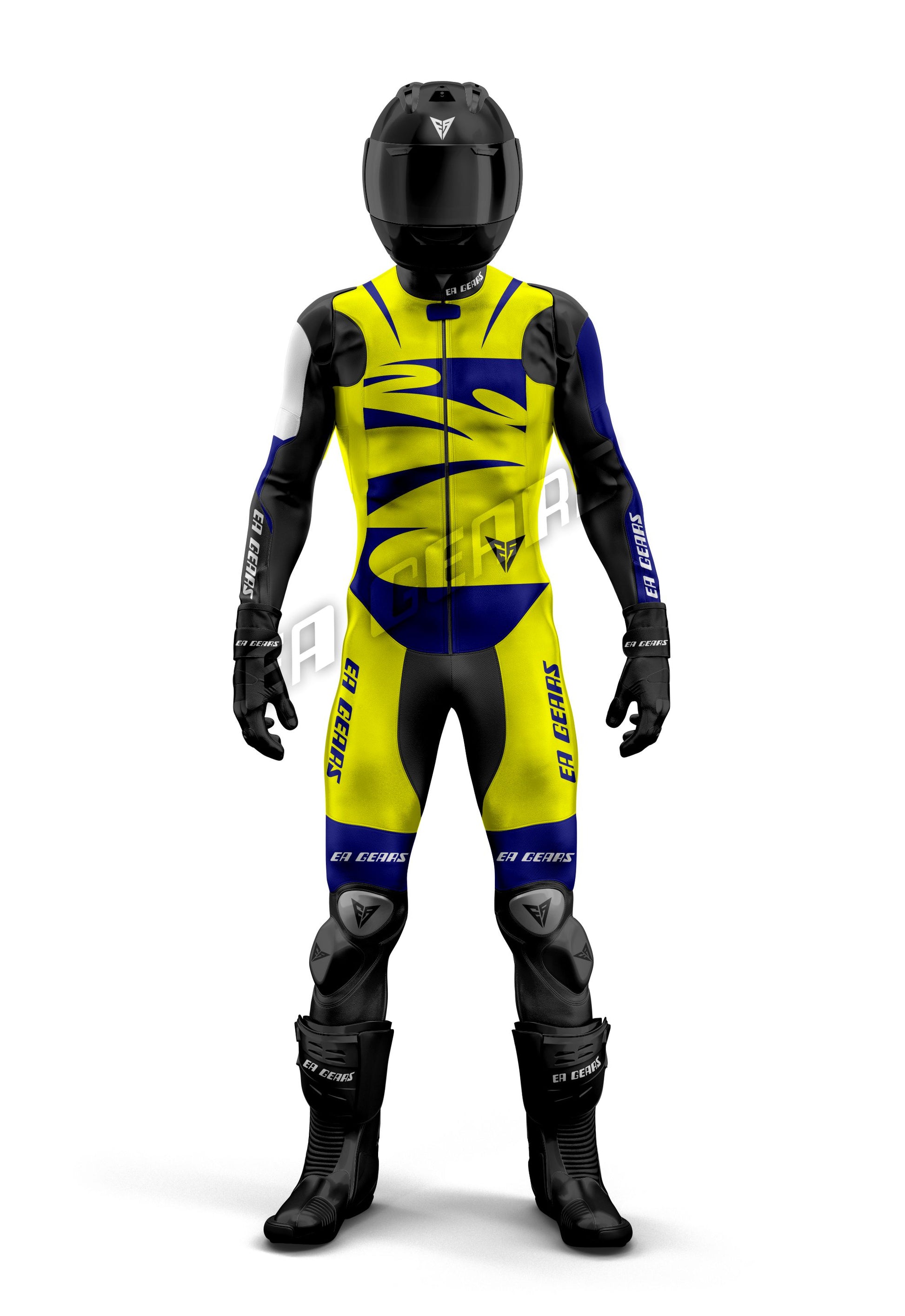 Full front view of Men's one-piece & two-piece High-Viz Yellow and Blue leather motorcycle racing suit with black helmet and boots | ER GEARS