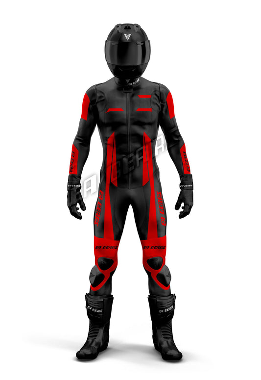 Black and red EA Gears leather racing suit for men with CE armor, protective motorcycle track suit full body gear – EA Gears.
