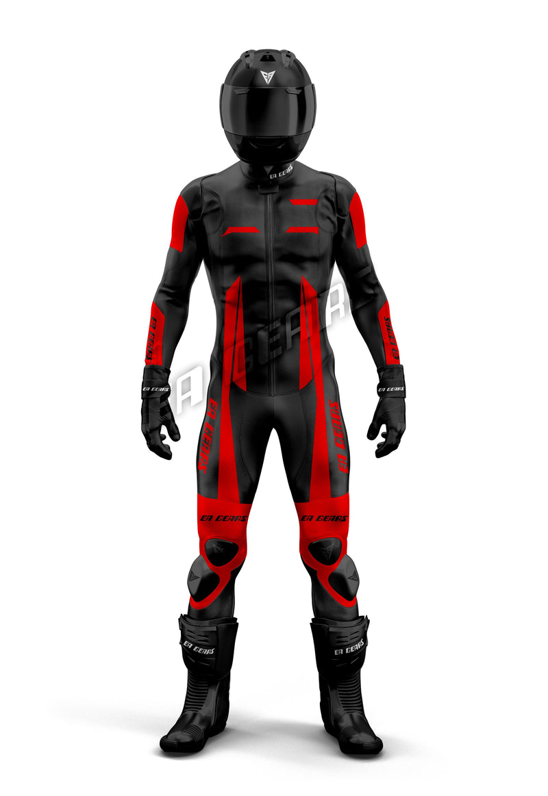 Black and red EA Gears leather racing suit for men with CE armor, protective motorcycle track suit full body gear – EA Gears.