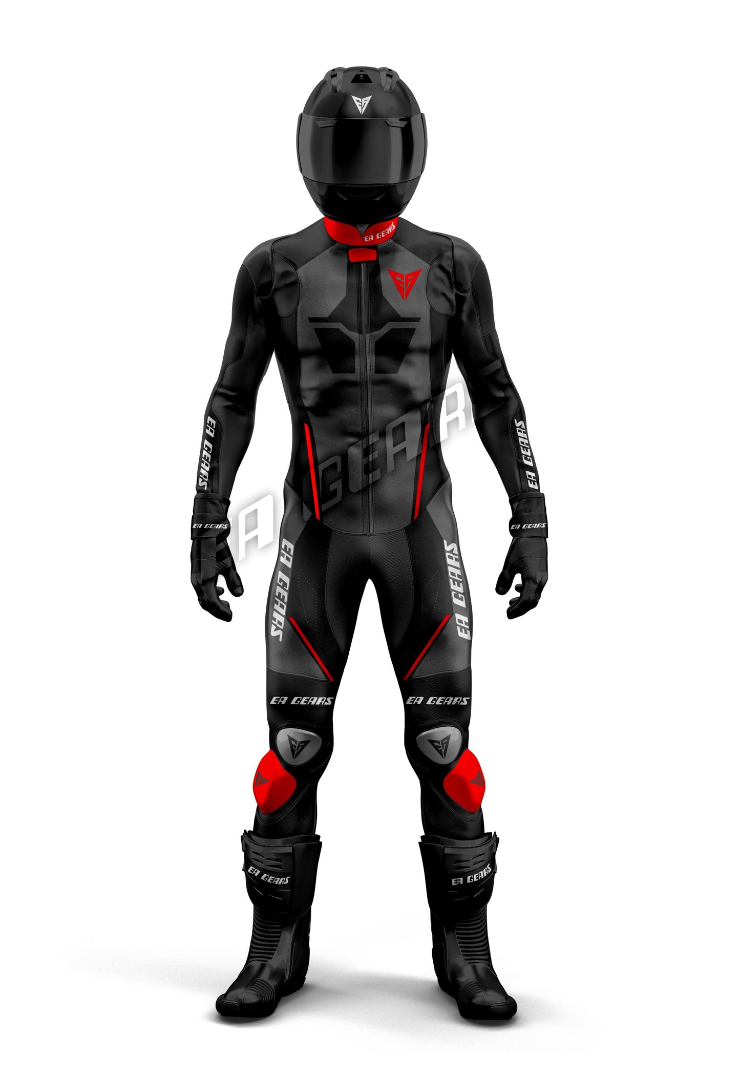 Full-body front view of Men's one-piece black and red leather motorcycle racing suit with helmet and boots | ER GEARS Pro Track Suit