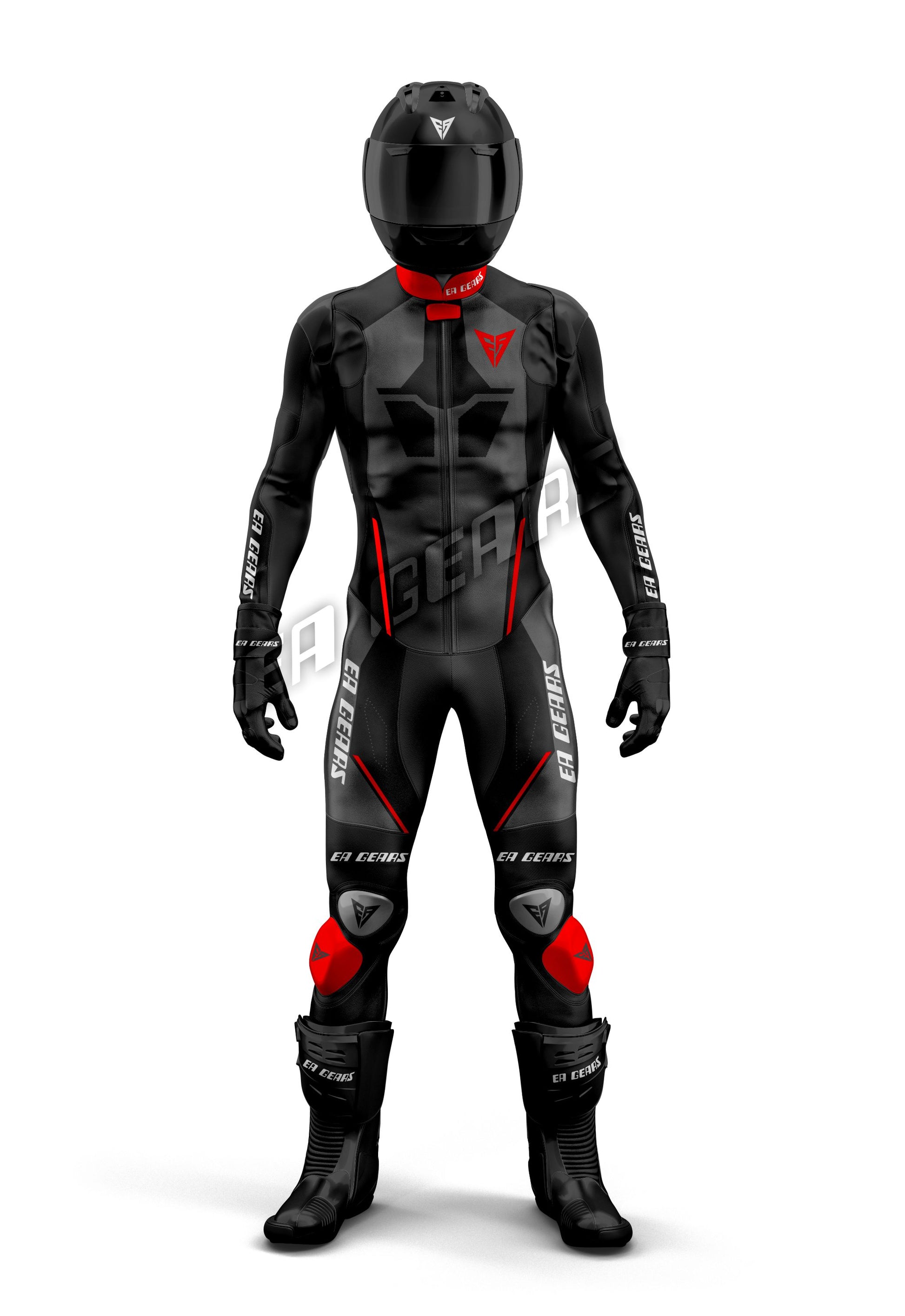 Full-body front view of Men's one-piece black and red leather motorcycle racing suit with helmet and boots | ER GEARS Pro Track Suit