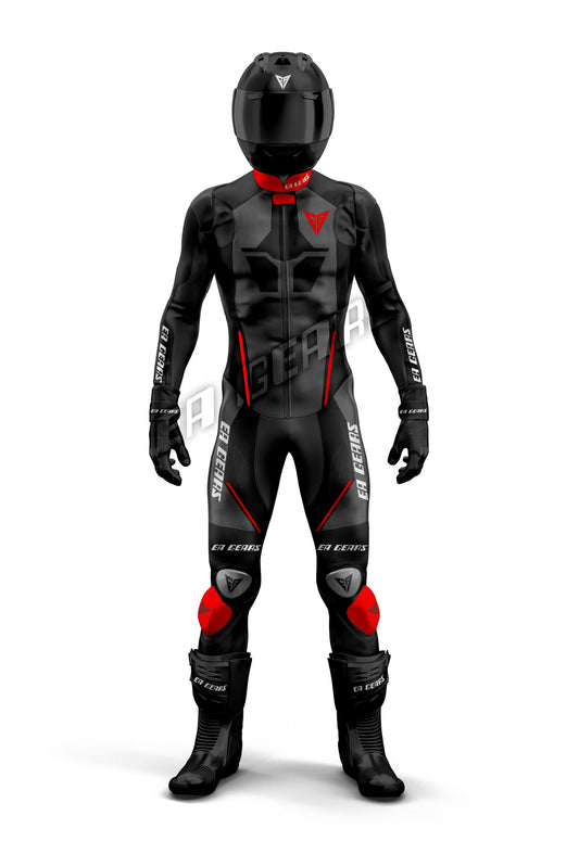 Full-body front view of Men's one-piece black and red leather motorcycle racing suit with helmet and boots | ER GEARS Pro Track Suit