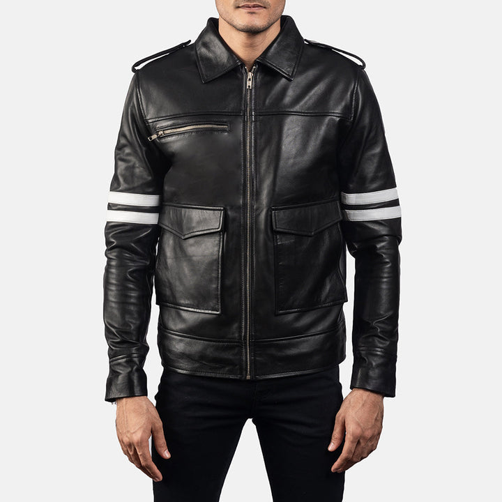 men-black-cafe-racer-leather-jacket-white-stripes-front-view