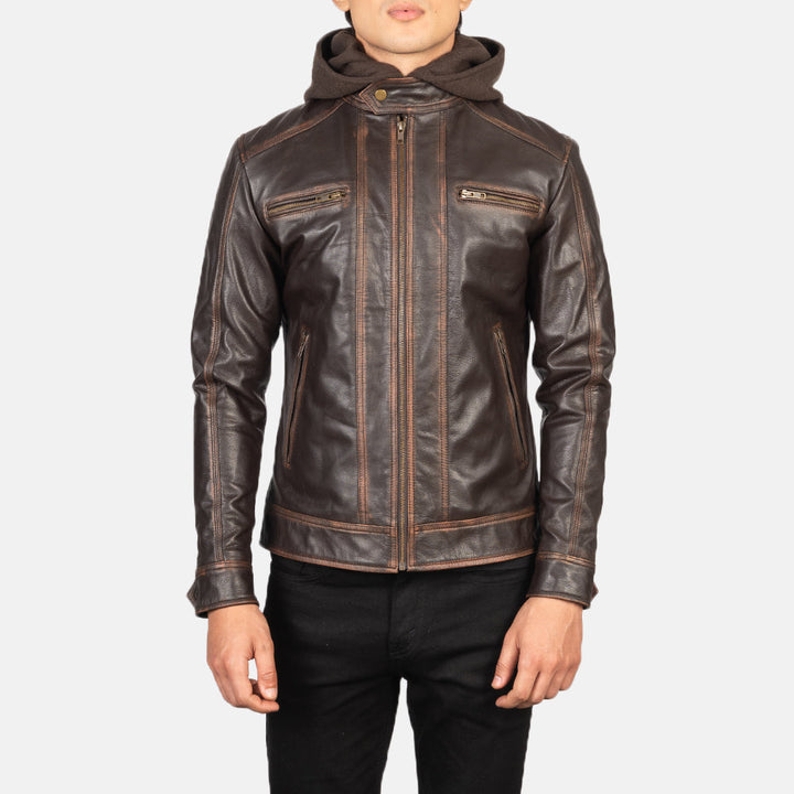 vintage-style-hooded-biker-jacket-front-view-brown-leather