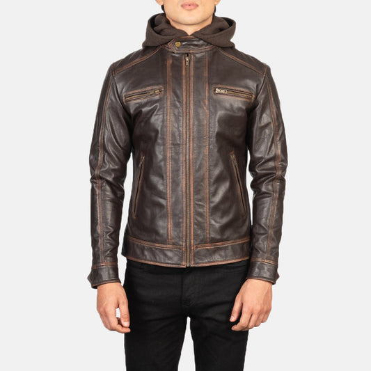 vintage-style-hooded-biker-jacket-front-view-brown-leather