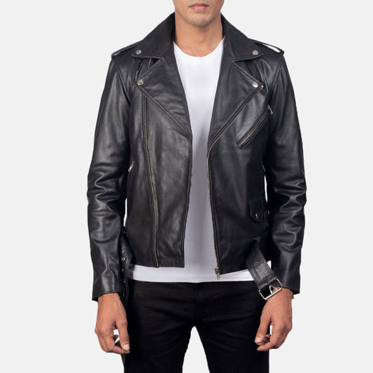 Mens-premium-black-leather-biker-jacket-front-view
