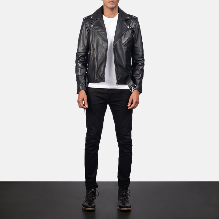 Slim-fit-men-leather-jacket-with-waist-belt-side-profile