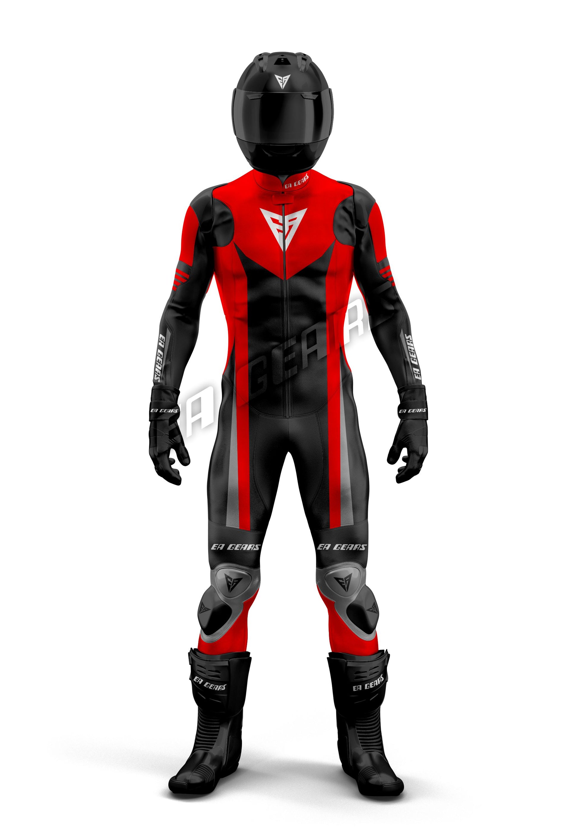 Black Red and Gray Leather Motorcycle Racing Suit EA GEARS Classic Race Fit