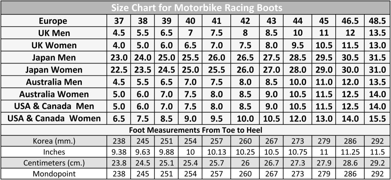 Size chart for motorcycle racing boots with foot measurements in various units by EA Gears