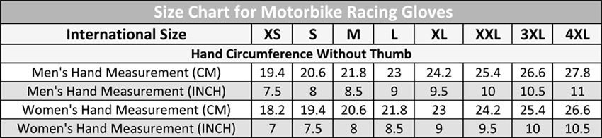 Size chart for motorbike racing gloves with hand measurements in centimeters and inches by EA Gears