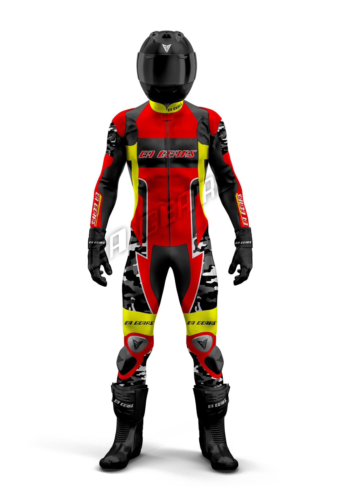 Unique motorcycle racing leather suit in red, neon yellow, and black/gray camouflage pattern, designed for high-performance track riding with CE armor