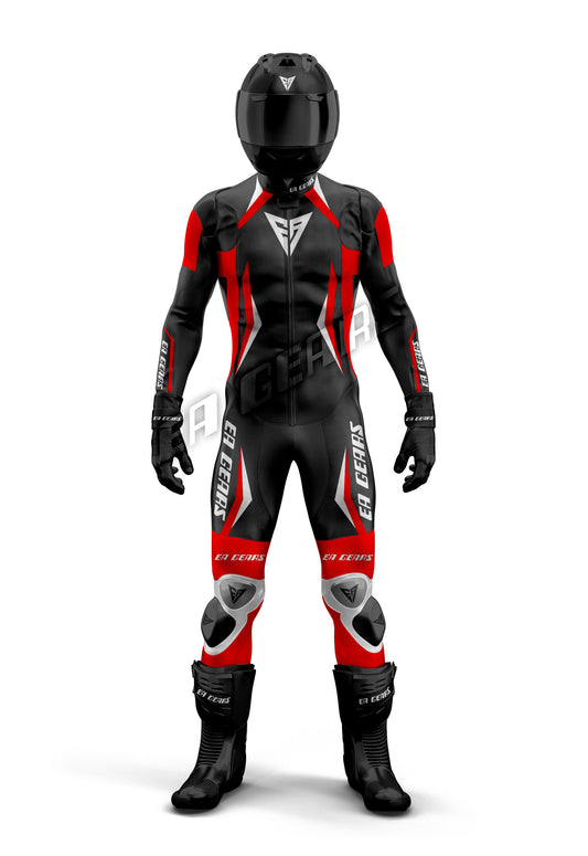 Black Red White Motorcycle Racing Suit EA GEARS Angular Design Full Leather