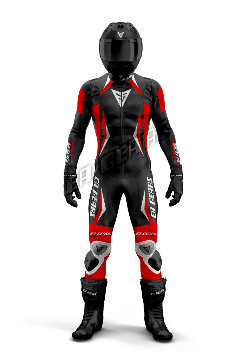 Black Red White Motorcycle Racing Suit EA GEARS Angular Design Full Leather