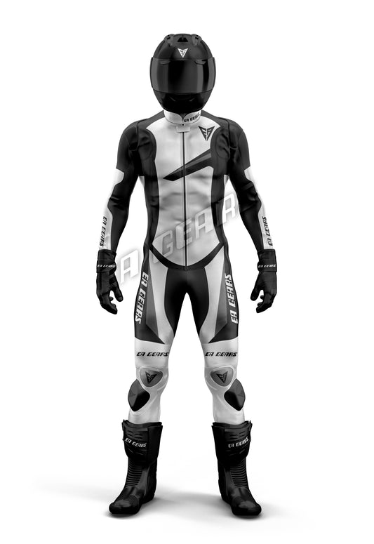 Black and white motorcycle racing leather suit with CE armor