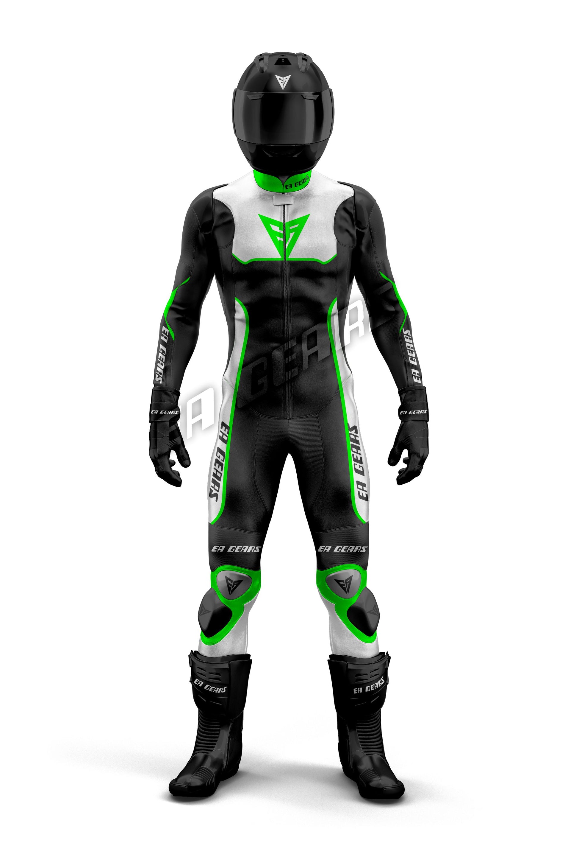 Full front view of Men's one-piece Black, White, and Neon Green leather motorcycle racing suit with helmet | Hi-Viz Race Suit
