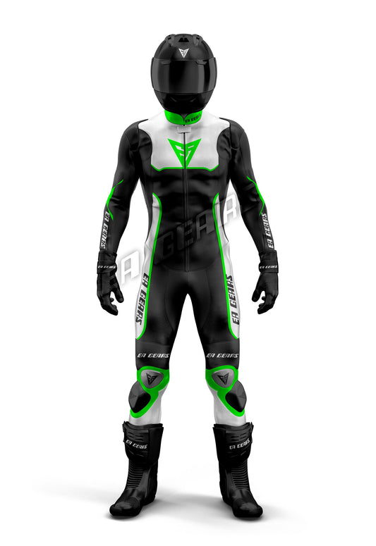 Full front view of Men's one-piece Black, White, and Neon Green leather motorcycle racing suit with helmet | Hi-Viz Race Suit