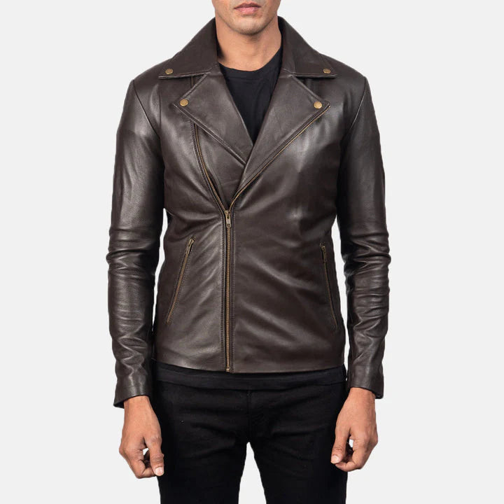 Noah-coffee-brown-leather-biker-jacket-front-view