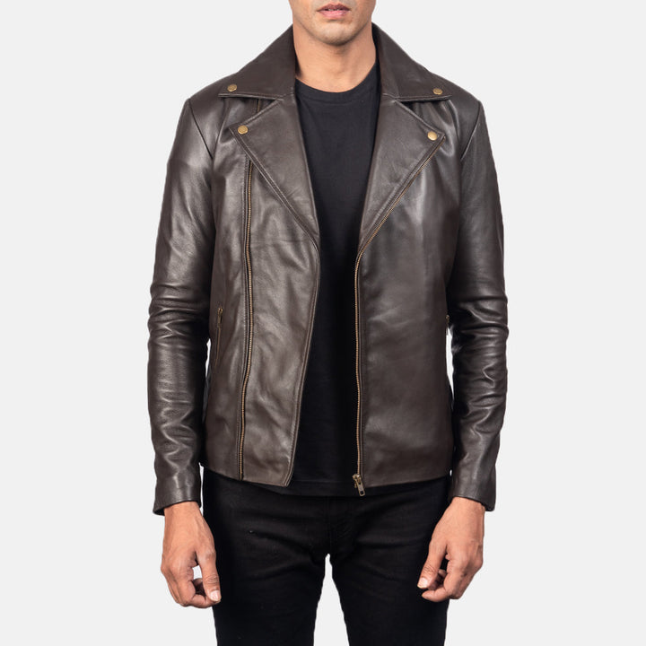 Noah-coffee-brown-leather-biker-jacket-front-view-zip