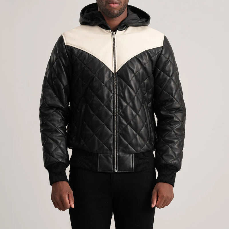 Norman Black Hooded Bomber Leather Puffer Jacket