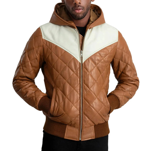 Norman Tan Hooded Bomber Leather Puffer Jacket