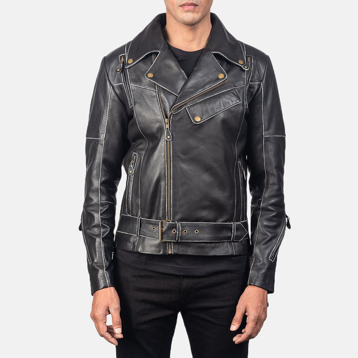 Premium-distressed-black-leather-jacket-front-view-belted