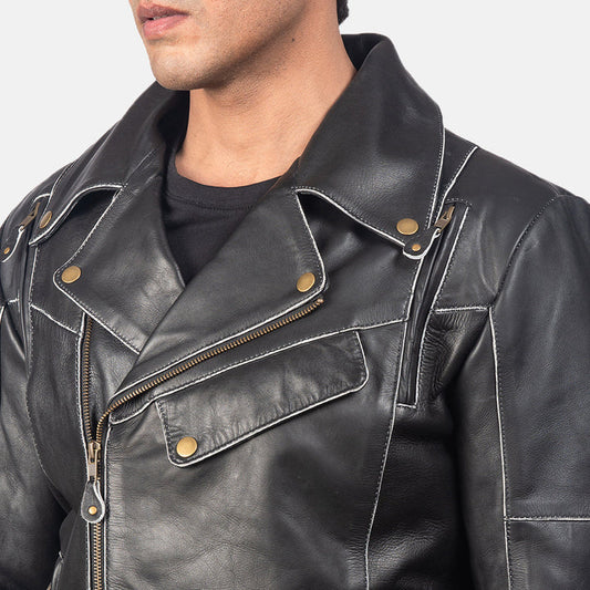 Close-up-of-white-contrast-stitching-on-black-biker-jacket
