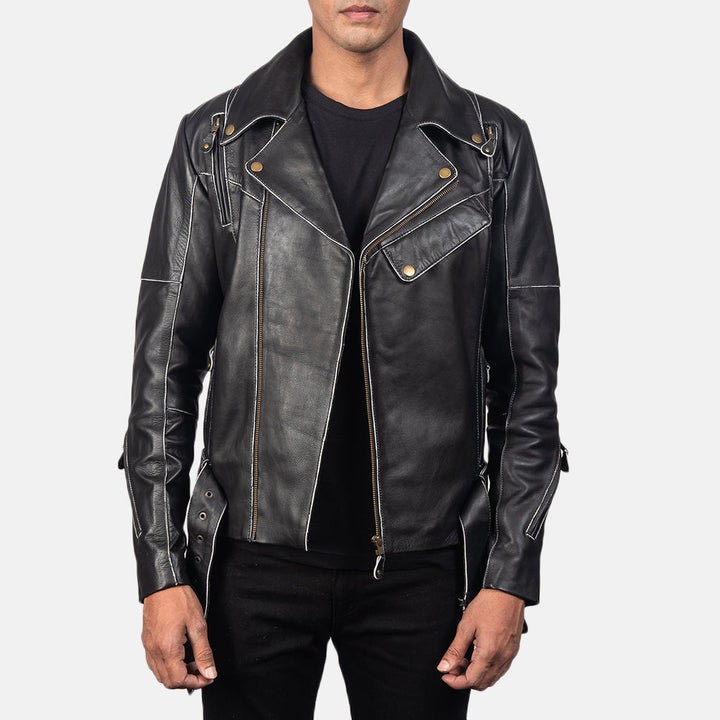 Premium-distressed-black-leather-jacket-front-view-belted-zip