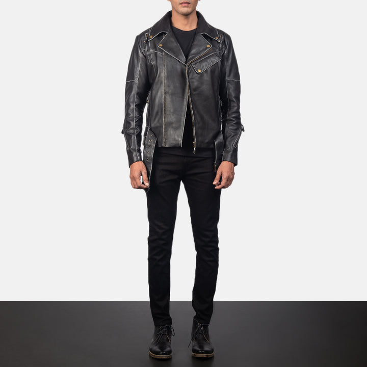 Outlaw-black-distressed-leather-biker-jacket-white-stitching