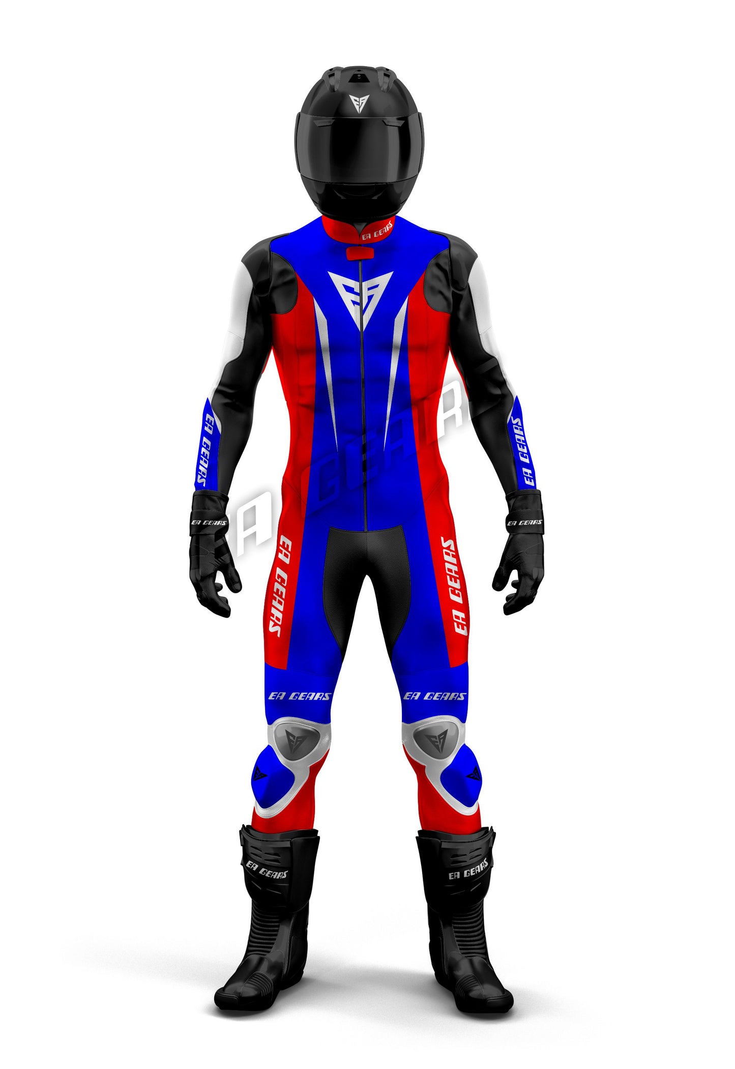 Full front view of Men's one-piece Red, White, and Blue leather motorcycle racing suit with black helmet and boots | ER GEARS Pro Track Day Gear