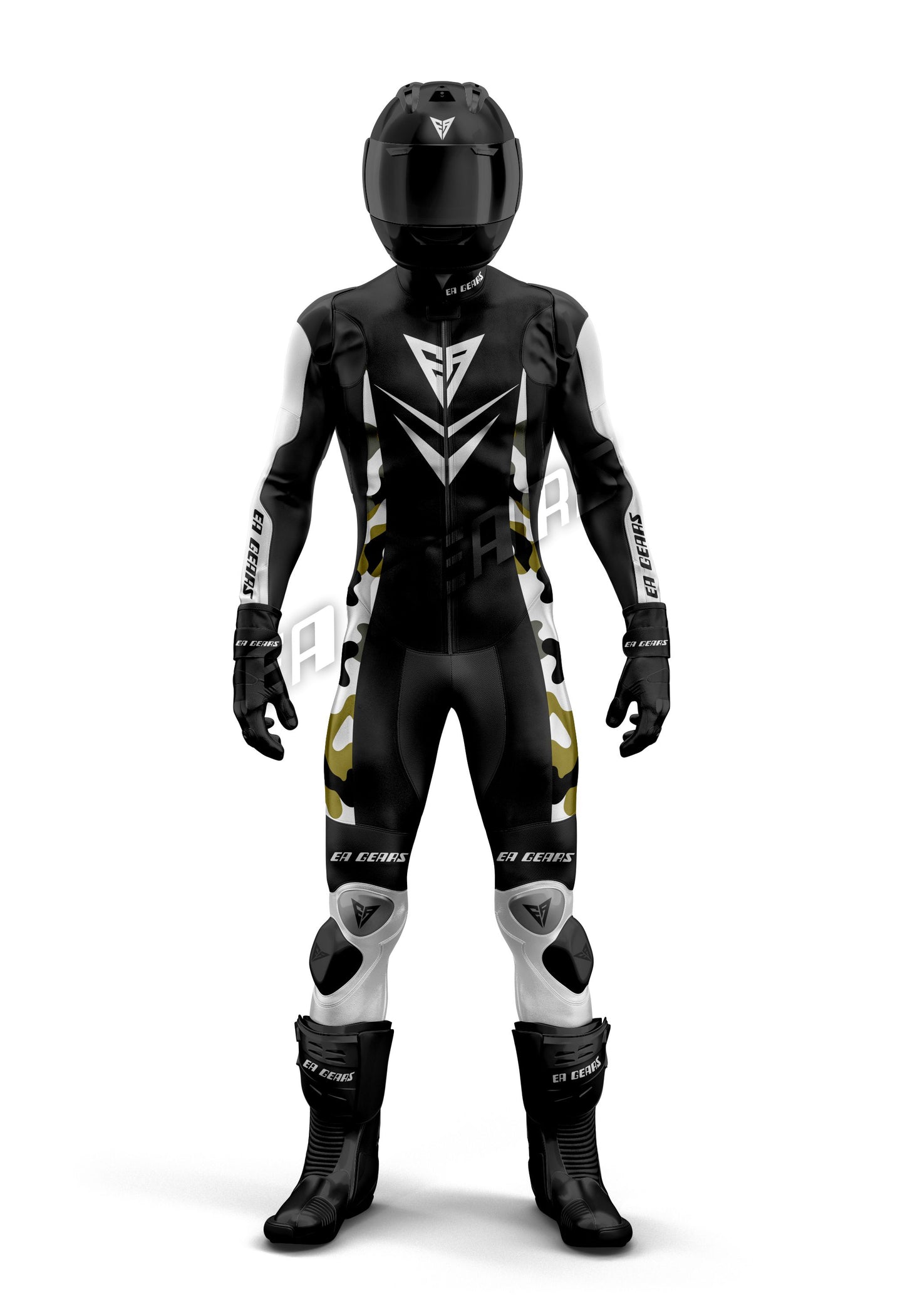 Full-body black, white, and gold camouflage-accented one-piece leather motorcycle racing suit with black helmet and boots, featuring CE Level 1 & Level 2 armor and sliders.