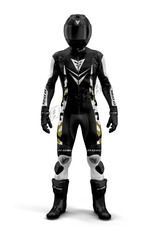 Full-body black, white, and gold camouflage-accented one-piece leather motorcycle racing suit with black helmet and boots, featuring CE Level 1 & Level 2 armor and sliders.