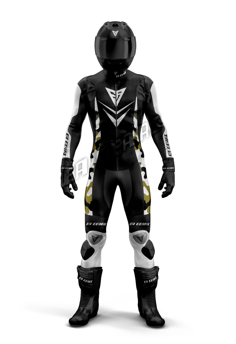 Full-body black, white, and gold camouflage-accented one-piece leather motorcycle racing suit with black helmet and boots, featuring CE Level 1 & Level 2 armor and sliders.