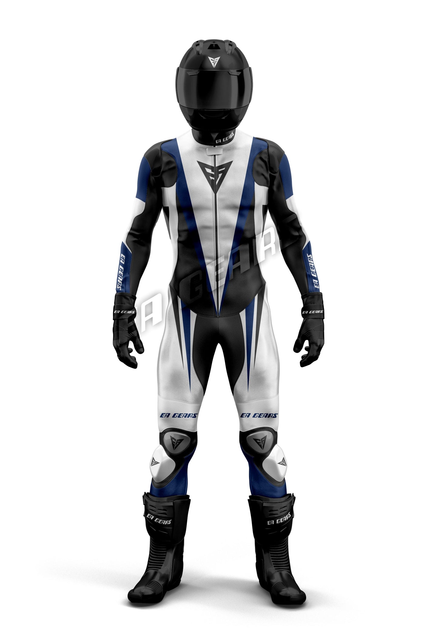 EA Gears blue and white motorcycle racing leather suit front view