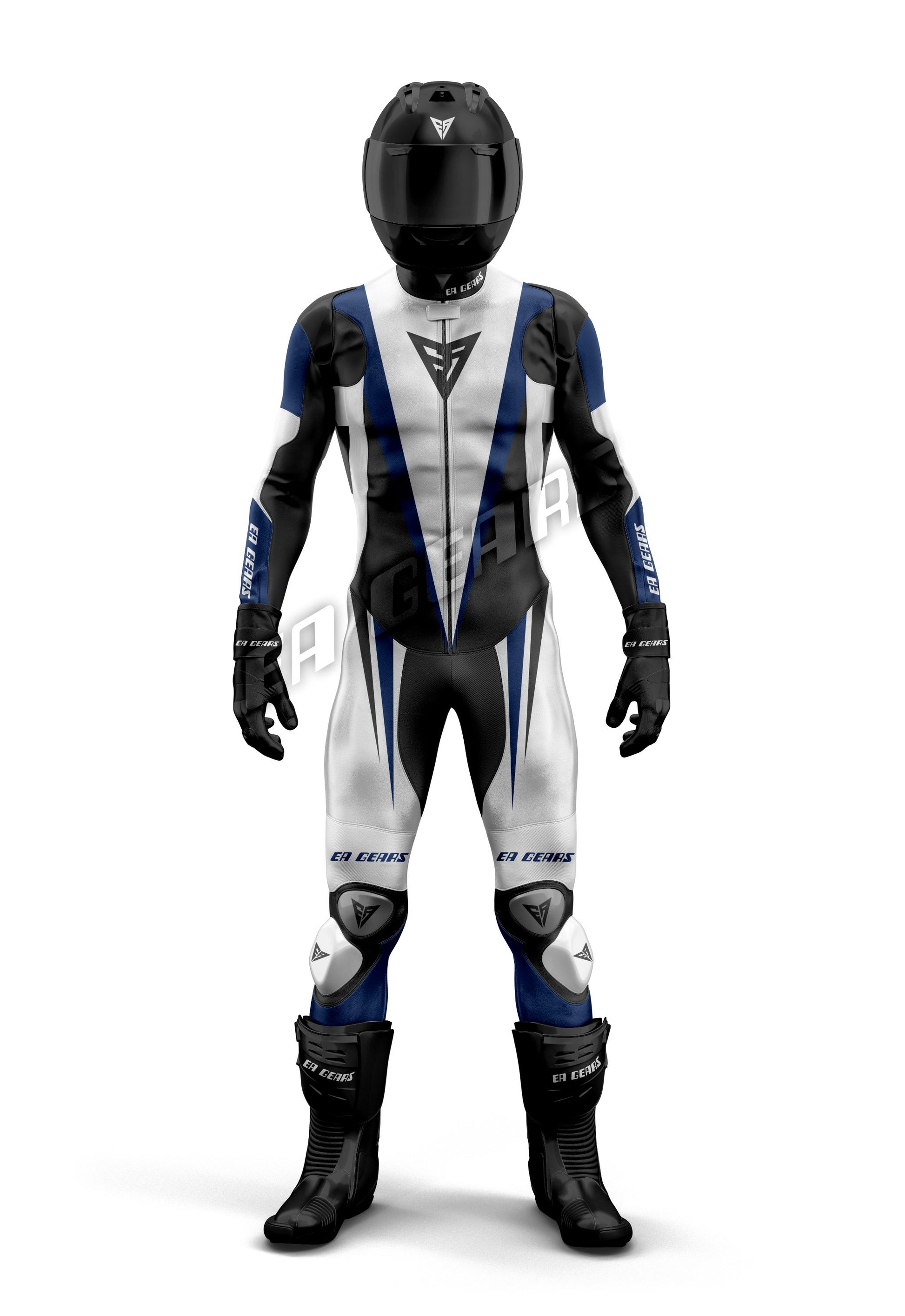 EA Gears blue and white motorcycle racing leather suit front view