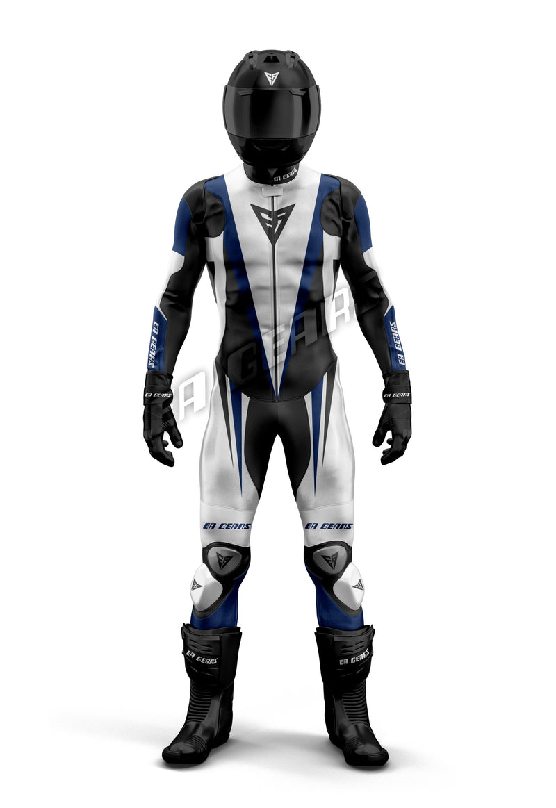 EA Gears blue and white motorcycle racing leather suit front view