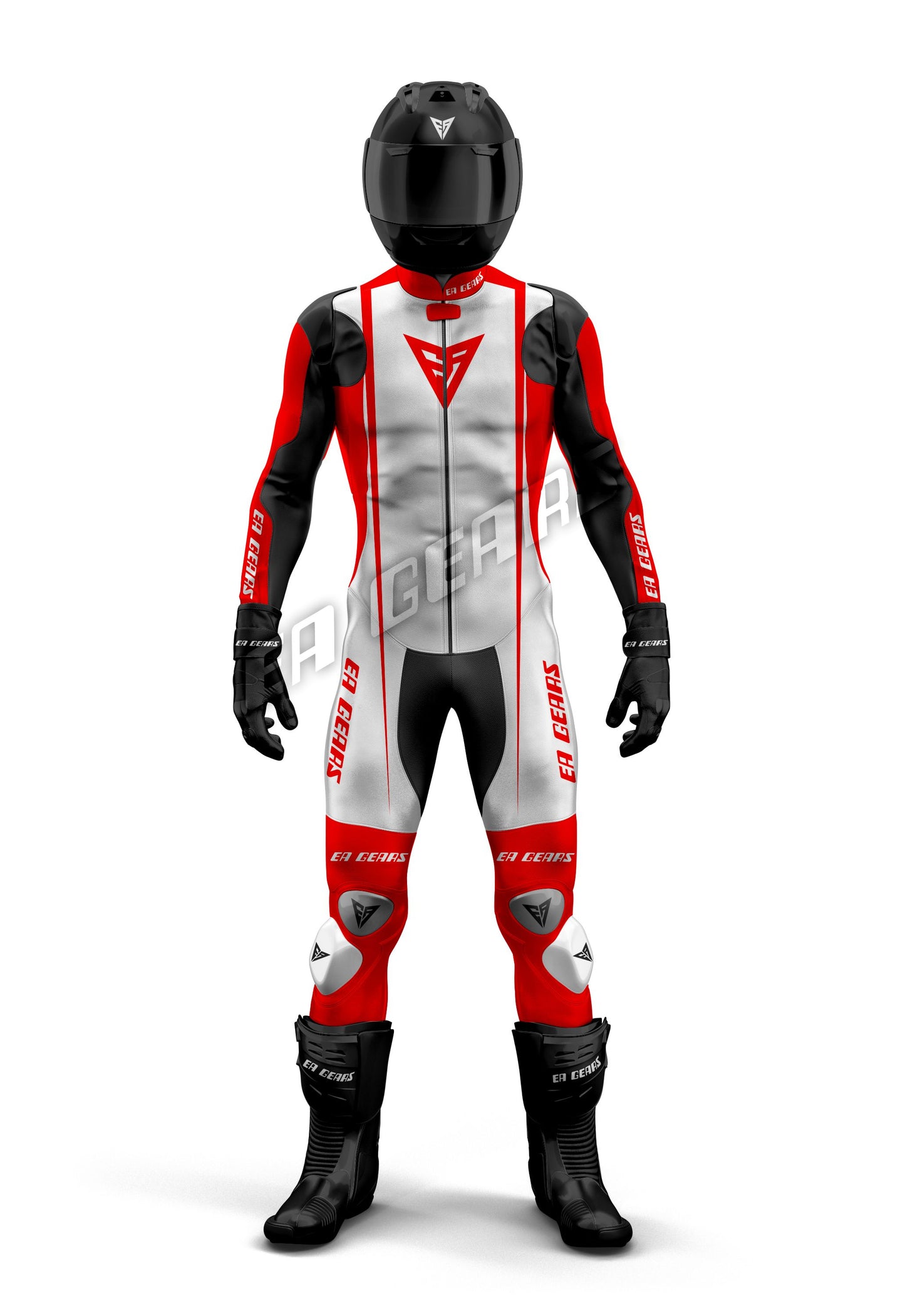Full-body image of a high-performance one-piece & two-piece leather motorcycle racing suit in classic red, white, and black with CE Level 1 & Level 2 armor, aerodynamic hump, and racing boots.