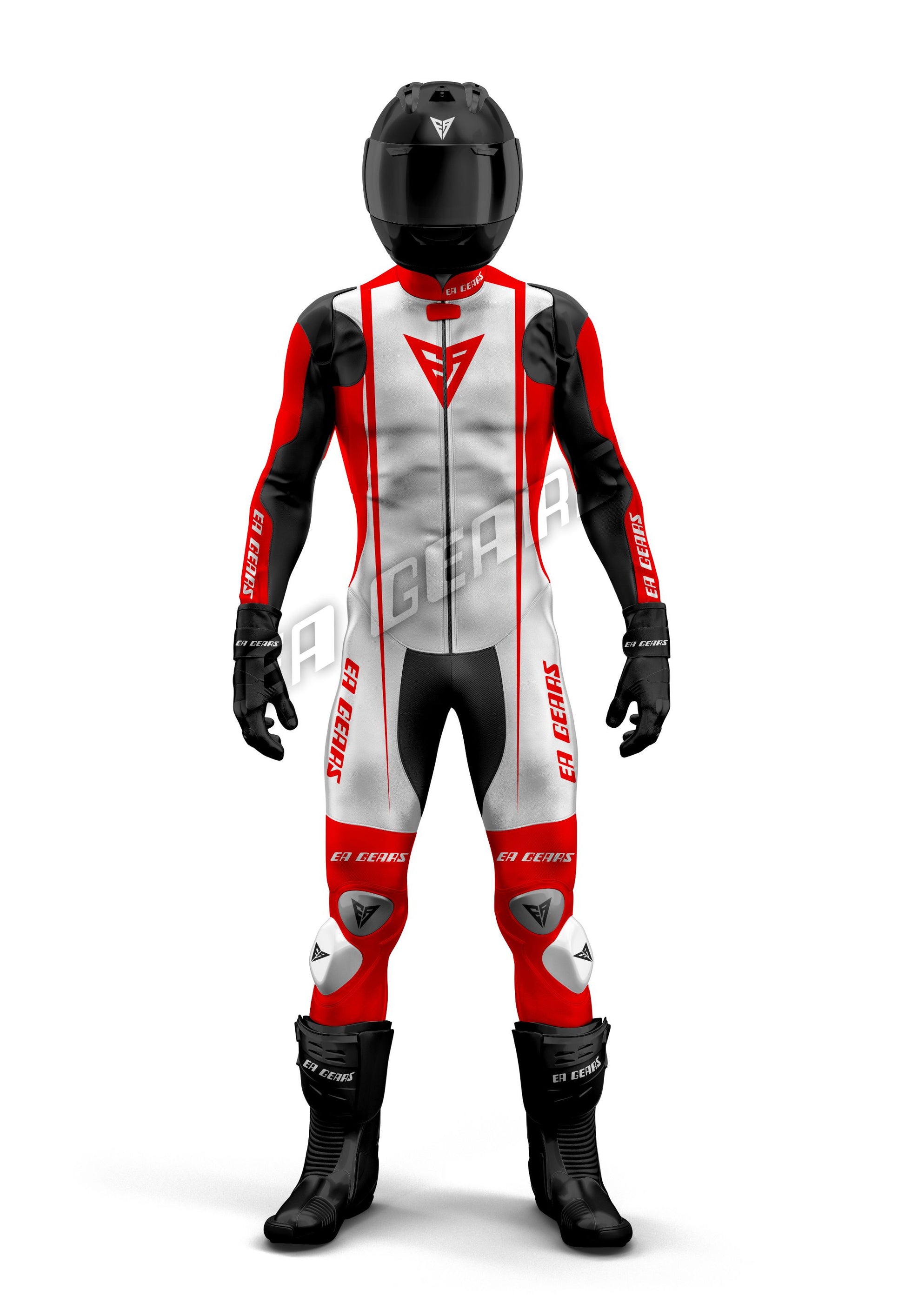 Full-body image of a high-performance one-piece & two-piece leather motorcycle racing suit in classic red, white, and black with CE Level 1 & Level 2 armor, aerodynamic hump, and racing boots.