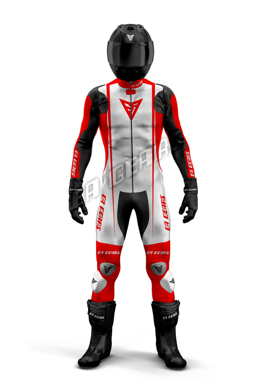 Full-body image of a high-performance one-piece & two-piece leather motorcycle racing suit in classic red, white, and black with CE Level 1 & Level 2 armor, aerodynamic hump, and racing boots.